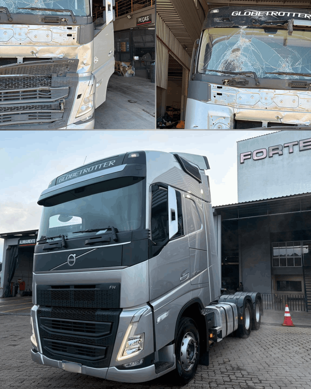 Antes e depois de restauracao em caminhao Volvo