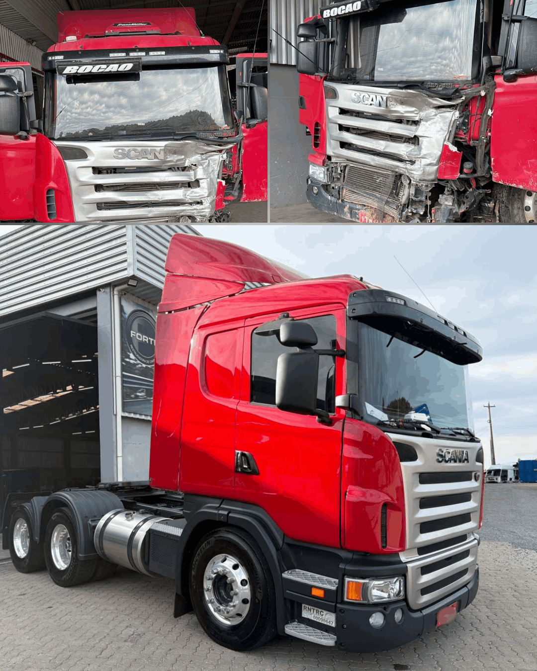 Antes e depois de restauracao em caminhao Scania vermelho