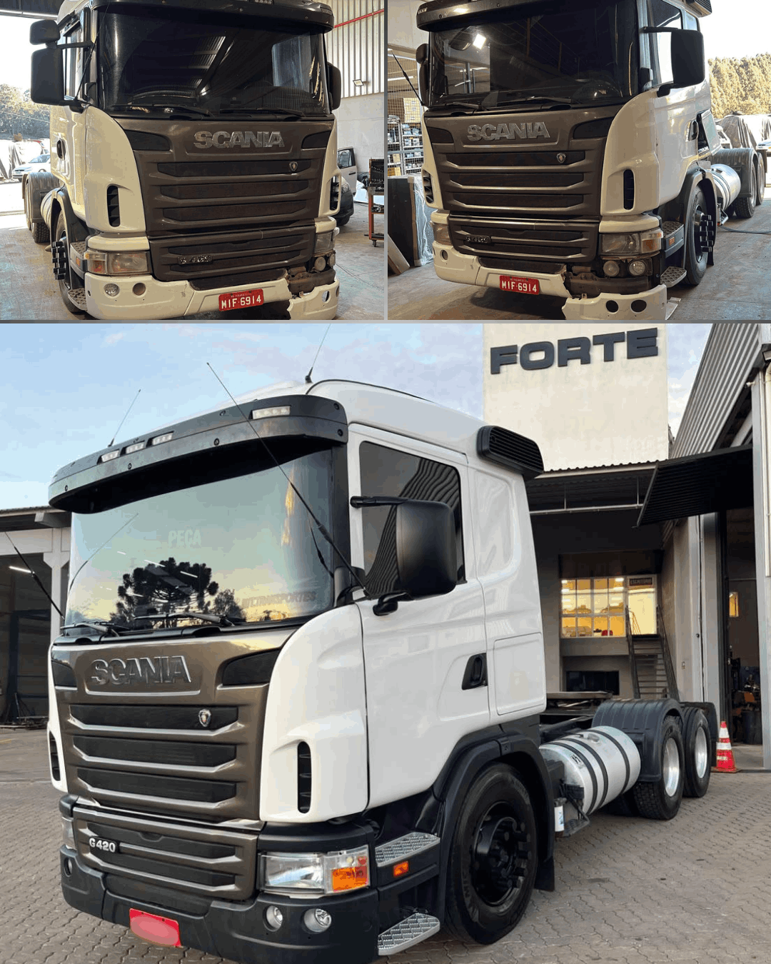 Antes e depois de restauracao em caminhao Scania branco